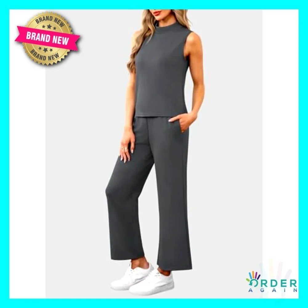 Mock Neck Tank Top Cropped Wide Leg Pants Lounge Set Athleisure Two Piece Outfit